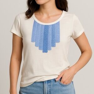 Statement T-shirt Top Short Sleeve White & Blue Stitched Front Panel Design XS